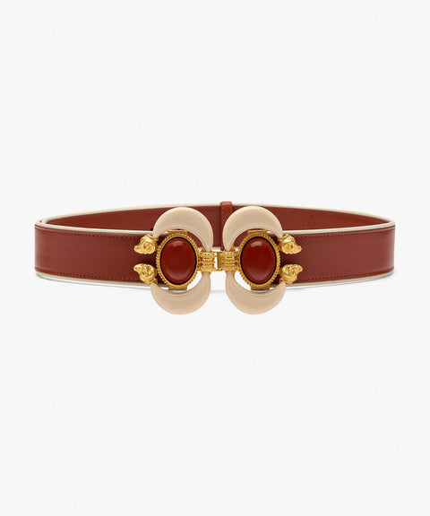 Sonia Petroff Aries Leather Belt in Tan/Ivory