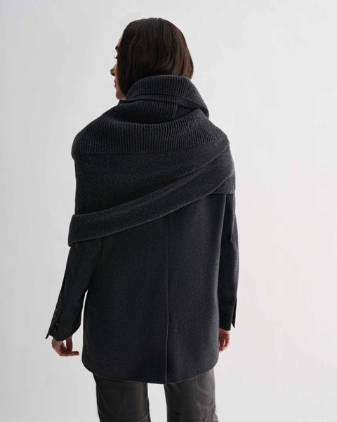 Caro Snood in Wool Cashmere, Charcoal, on shoulders
