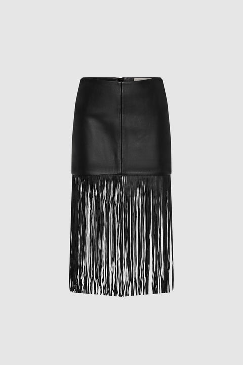 St. Agni Leather Fringe Skirt in Black