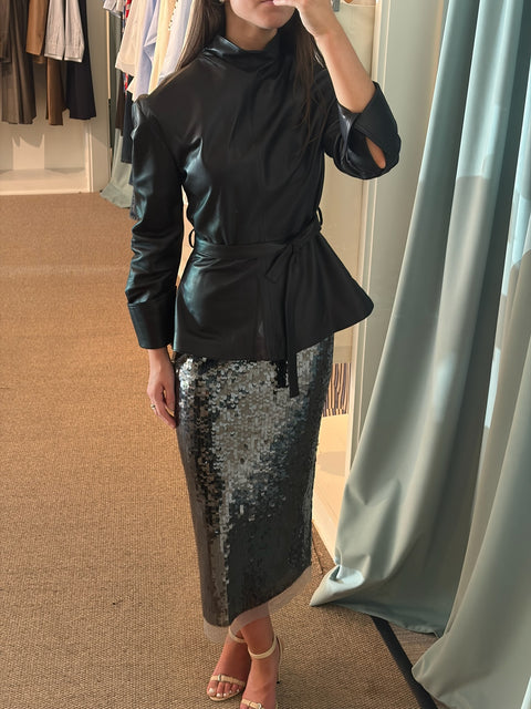 Scanlan Theodore Leather Funnel Neck Top – Noir