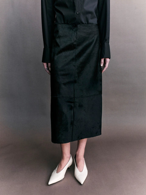 Courtney Zheng Jeanne Pony Hair Midi Skirt – Black