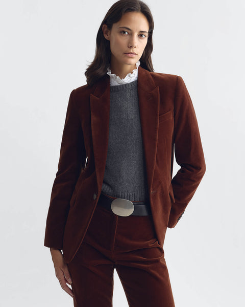 Nili Lotan Anabel Velvet Blazer in Burnt Sienna on model