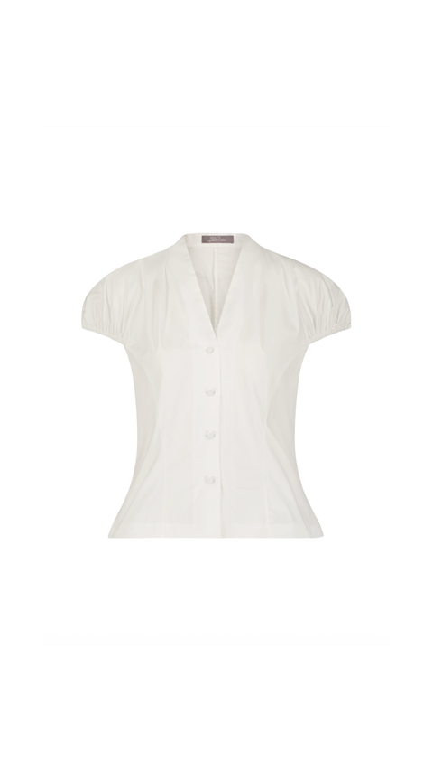 Cotton Poplin V-Neck Button Down Top