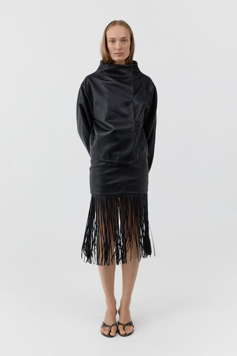 St. Agni Leather Fringe Skirt in Black