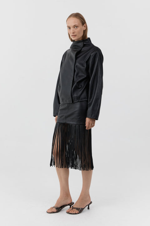 St. Agni Leather Fringe Skirt in Black