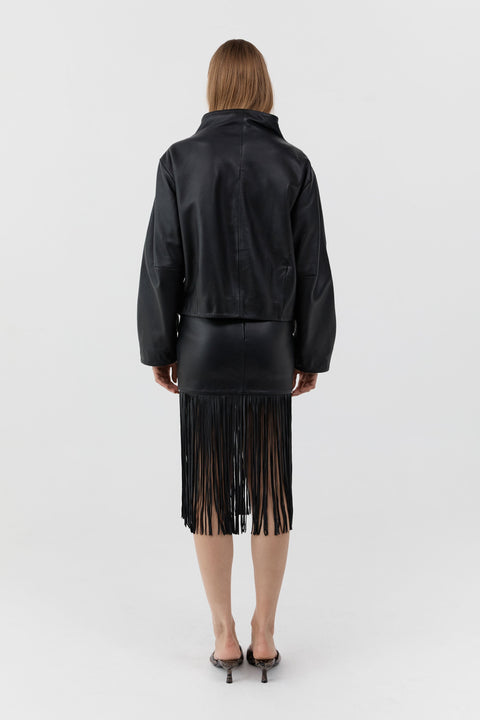 St. Agni Leather Fringe Skirt in Black