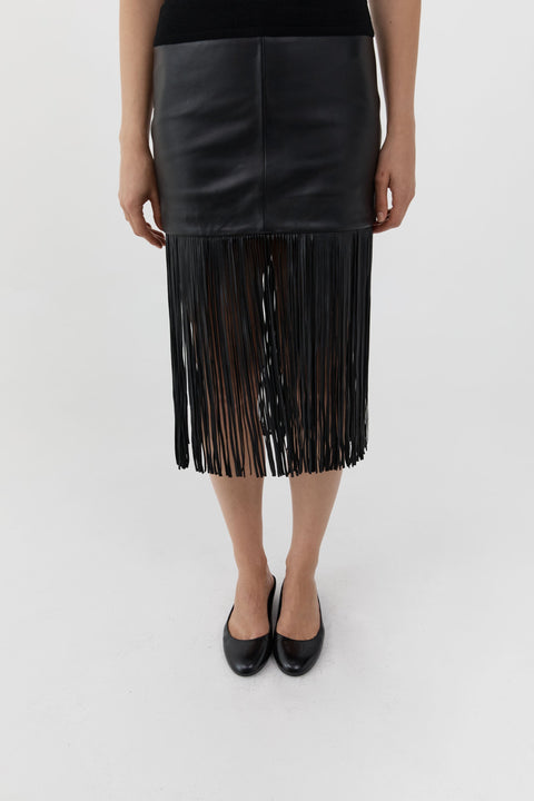 St. Agni Leather Fringe Skirt in Black